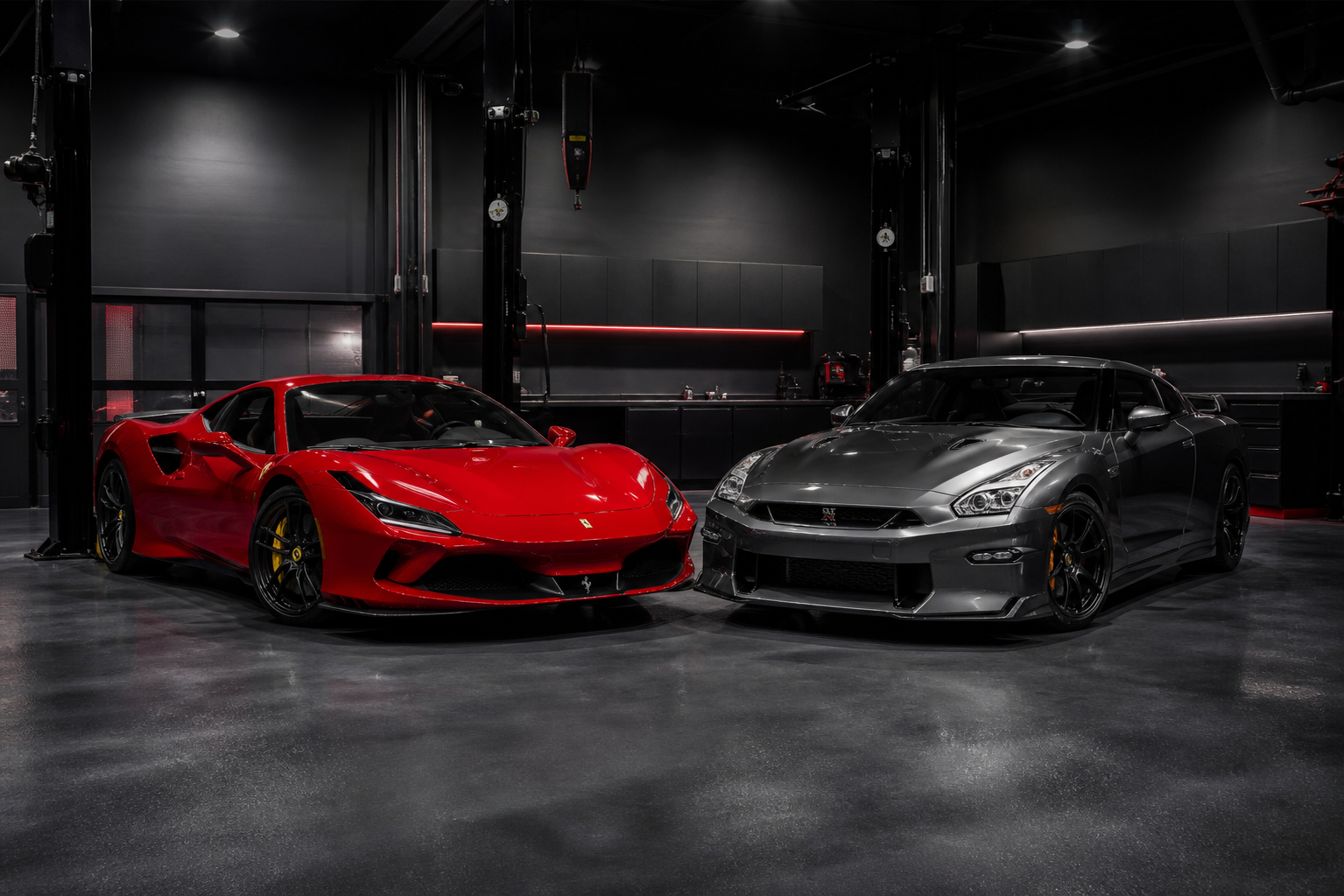 Ferrari vermelha e Nissan GT-R em oficina premium
